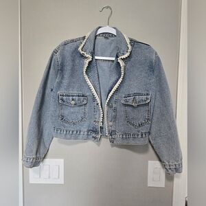 Pearl-Trim Light Wash Denim Jacket - Women